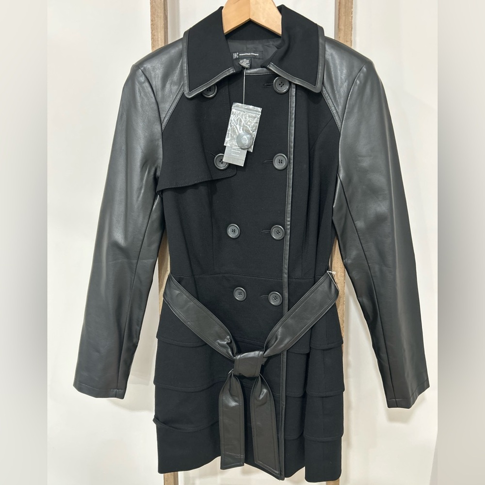 INC International Concepts Black Trench Coat Belted Double Breasted Ruffle Small
